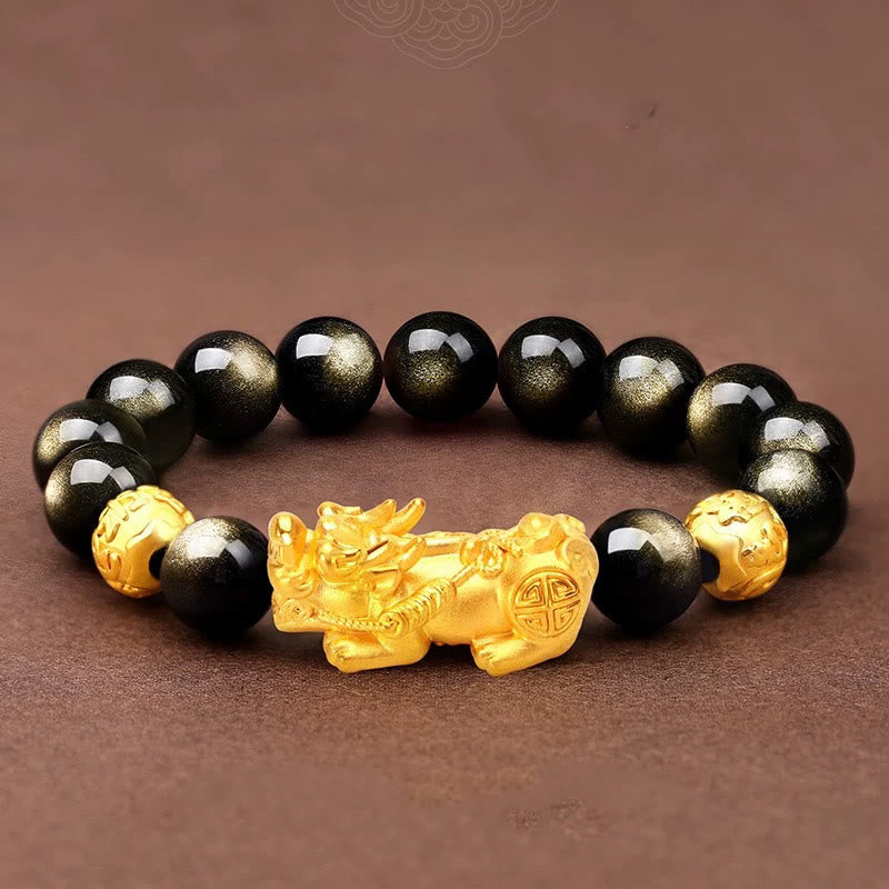 Buddha Stones Natural Gold Sheen Obsidian PiXiu Om Mani Padme Hum Wealth Bracelet - 14mm(Wrist Circumference 17-18cm) - image 12