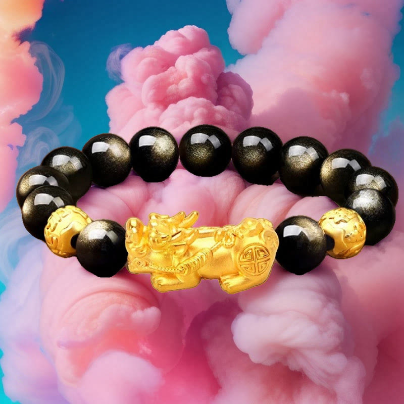 Buddha Stones Natural Gold Sheen Obsidian PiXiu Om Mani Padme Hum Wealth Bracelet - image 10