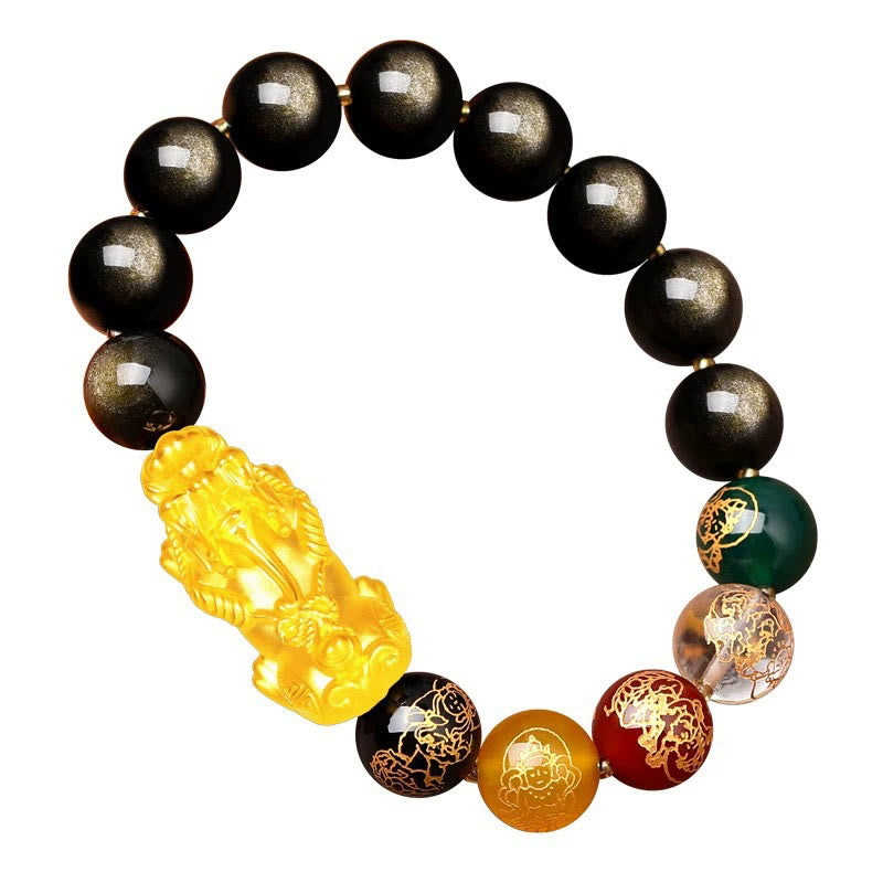 Buddha Stones Natural Gold Sheen Obsidian PiXiu Five Directions Gods of Wealth Protection Bracelet - image 16
