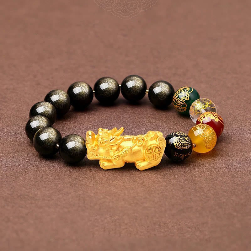 Buddha Stones Natural Gold Sheen Obsidian PiXiu Five Directions Gods of Wealth Protection Bracelet - image 8