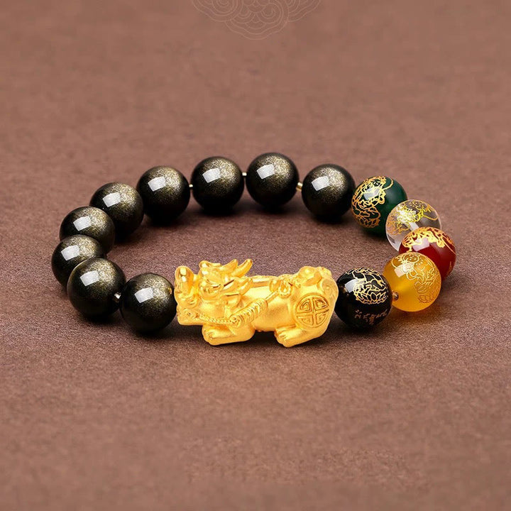 Buddha Stones Natural Gold Sheen Obsidian PiXiu Five Directions Gods of Wealth Protection Bracelet - image 8
