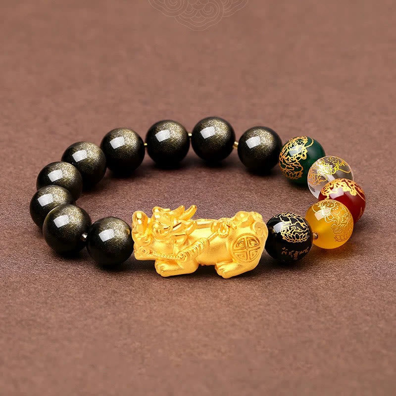 Buddha Stones Natural Gold Sheen Obsidian PiXiu Five Directions Gods of Wealth Protection Bracelet - 12mm(Wrist Circumference 16-17cm) - image 12