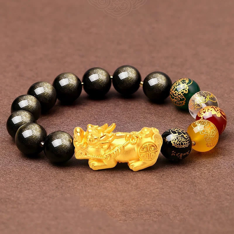 Buddha Stones Natural Gold Sheen Obsidian PiXiu Five Directions Gods of Wealth Protection Bracelet - 14mm(Wrist Circumference 17-18cm) - image 10
