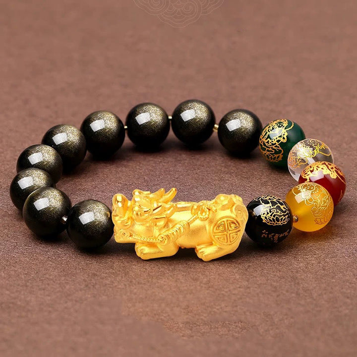 Buddha Stones Natural Gold Sheen Obsidian PiXiu Five Directions Gods of Wealth Protection Bracelet - 14mm(Wrist Circumference 17-18cm) - image 13
