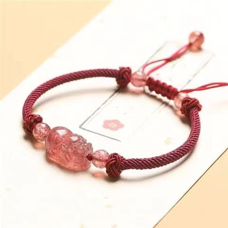Buddha Stones Natural Strawberry Quartz PiXiu Red String Braided Protection Bracelet - image 1