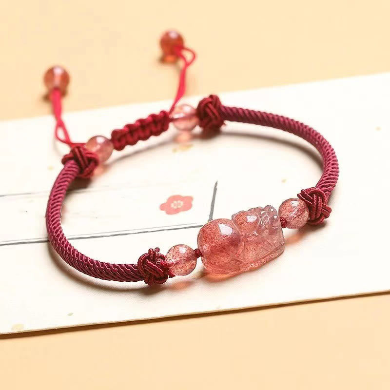 Buddha Stones Natural Strawberry Quartz PiXiu Red String Braided Protection Bracelet - Strawberry Quartz(Wrist Circumference 14-17cm) - image 0