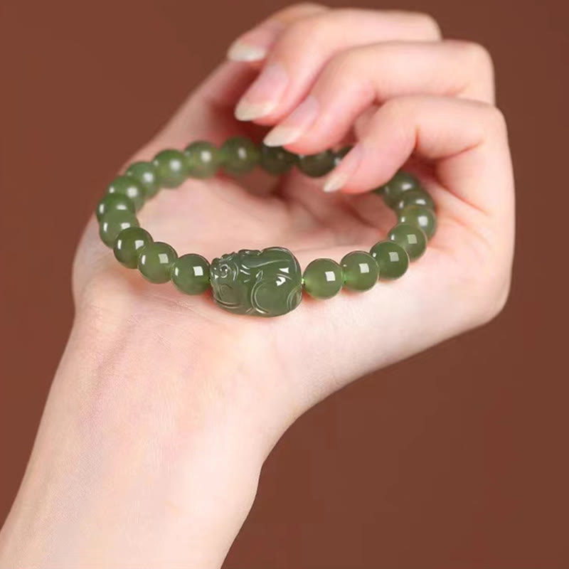 Buddha Stones Natural Hetian Jade PiXiu Carved Luck Bracelet - image 9