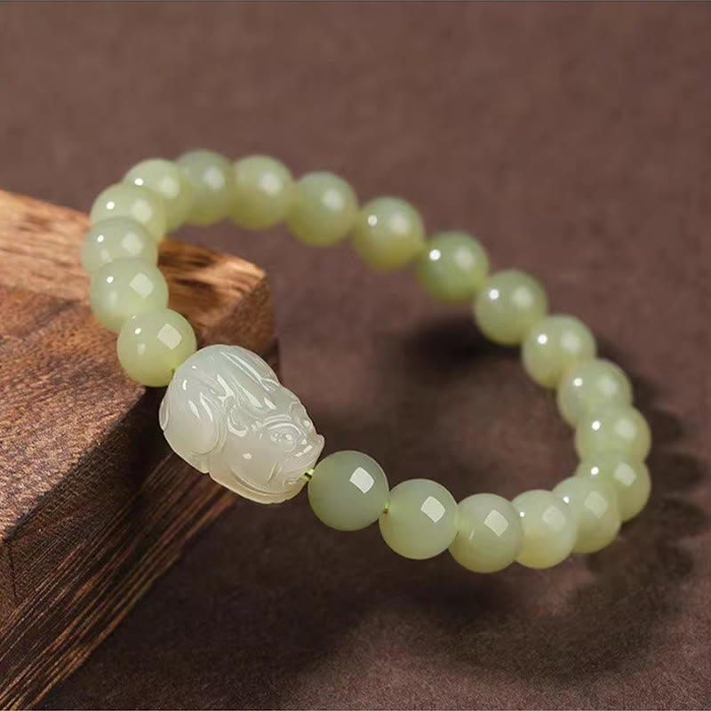 Buddha Stones Natural Hetian Jade PiXiu Carved Luck Bracelet - image 2