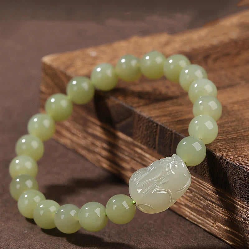 Buddha Stones Natural Hetian Jade PiXiu Carved Luck Bracelet - image 1