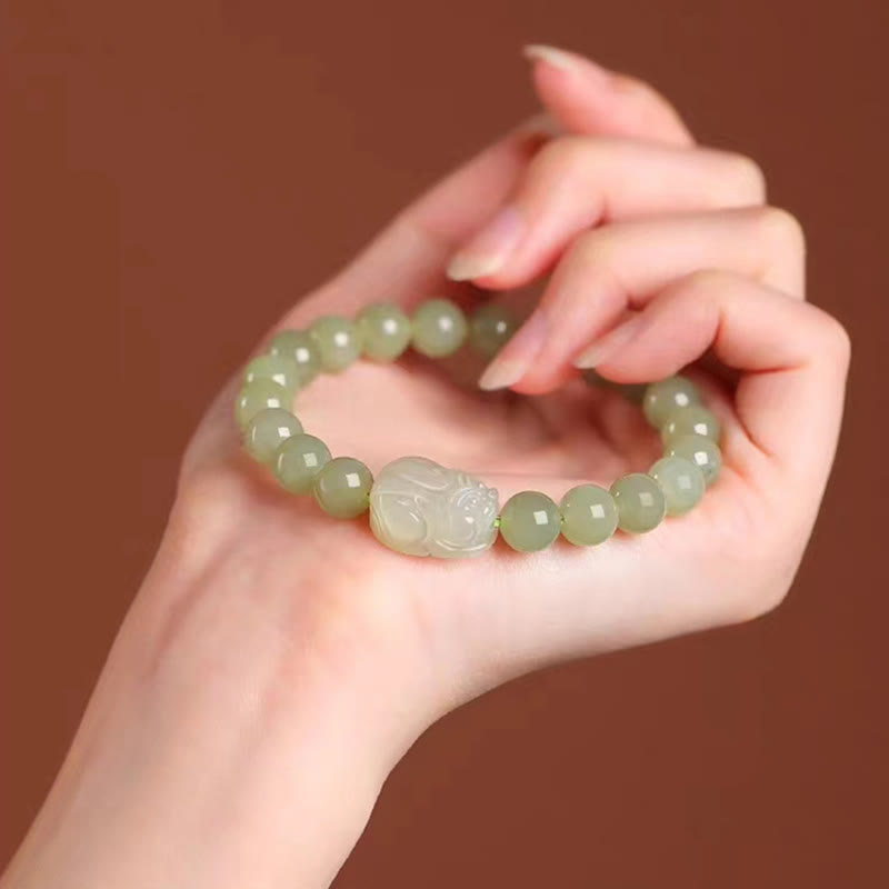 Buddha Stones Natural Hetian Jade PiXiu Carved Luck Bracelet - image 8
