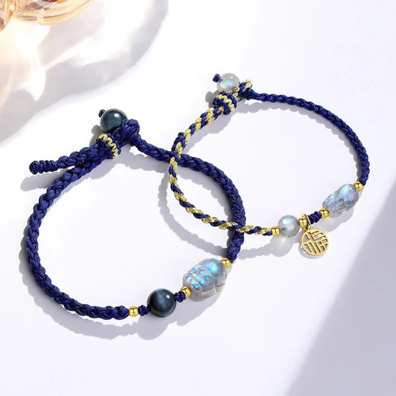 Buddha Stones Moonstone PiXiu Blue Tiger Eye Fu Character Healing Couple String Bracelet - Blue&Blue Gold Fu Character - image 0