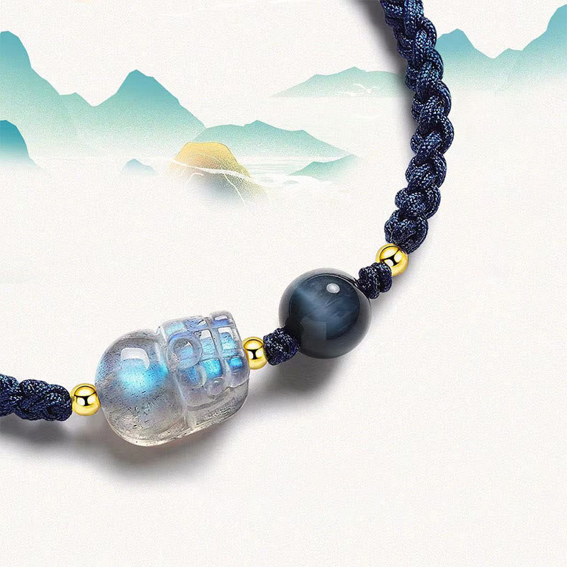 Buddha Stones Moonstone PiXiu Blue Tiger Eye Fu Character Healing Couple String Bracelet - image 2