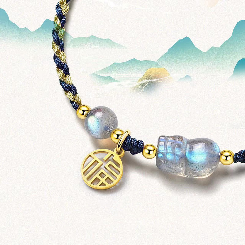 Buddha Stones Moonstone PiXiu Blue Tiger Eye Fu Character Healing Couple String Bracelet - image 4