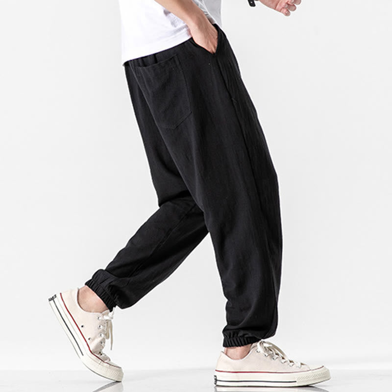 Buddha Stones Solid Color Drawstring Cotton Men's Pants With Pockets - image 9