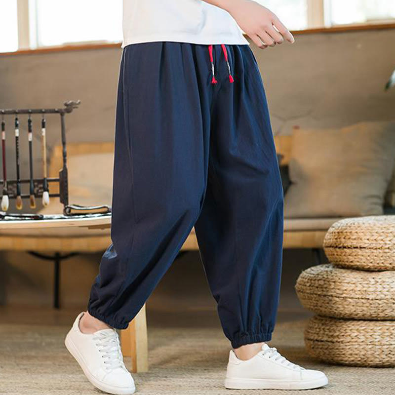 Buddha Stones Plain Color Red Drawstring Linen Men's  Pants With Pockets - image 33