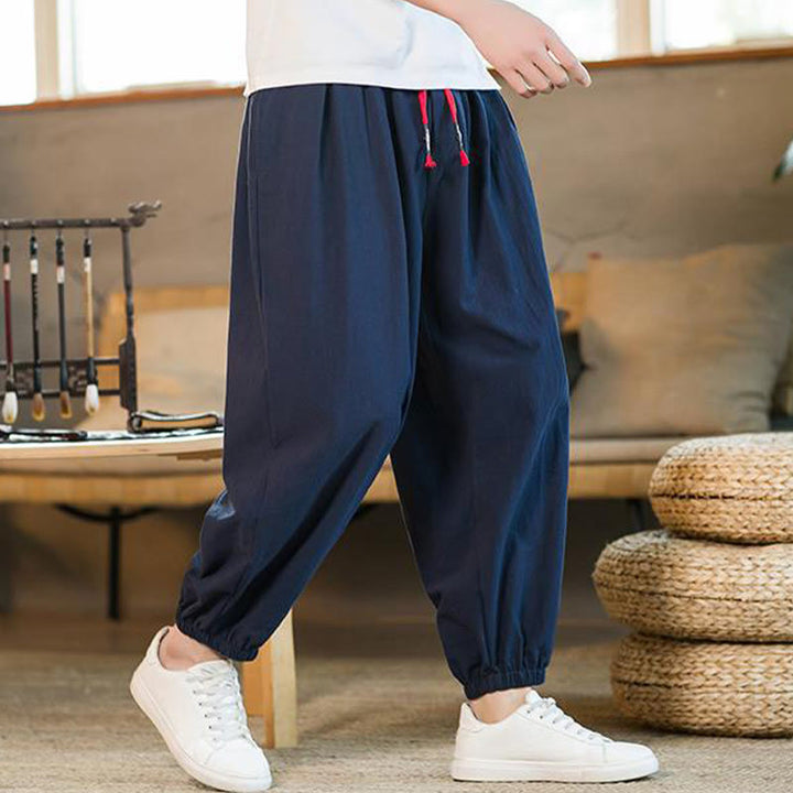 Buddha Stones Plain Color Red Drawstring Linen Men's  Pants With Pockets - image 33