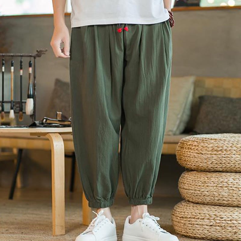 Buddha Stones Plain Color Red Drawstring Linen Men's  Pants With Pockets - image 1