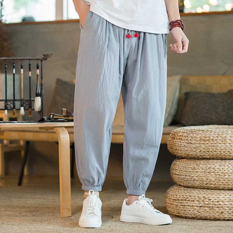 Buddha Stones Plain Color Red Drawstring Linen Men's  Pants With Pockets - image 24