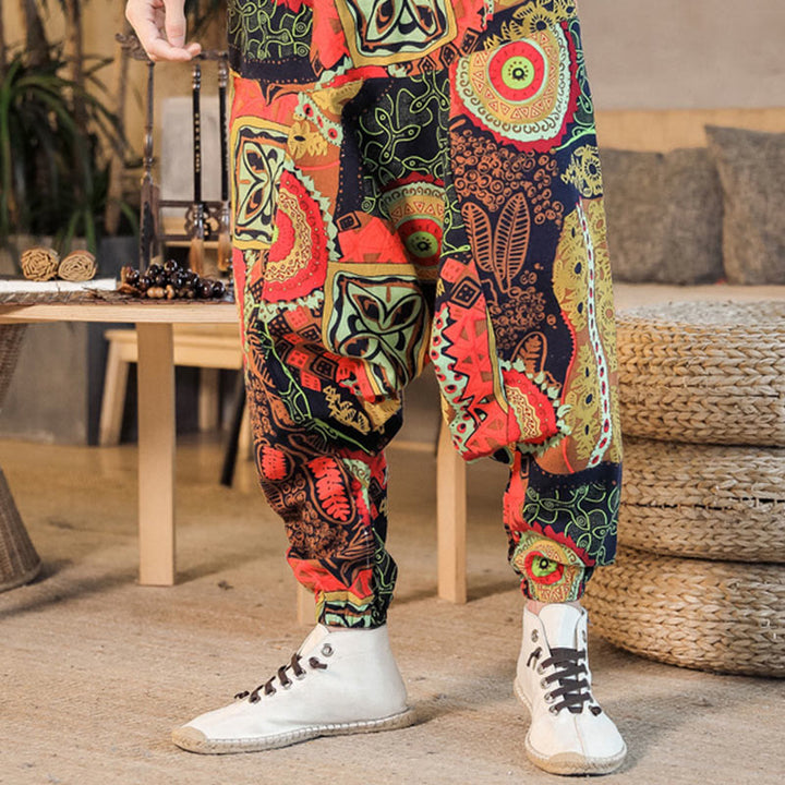 Buddha Stones Red Gold Casual Leaves Print Cotton Men's Harem Pants With Pockets - image 5