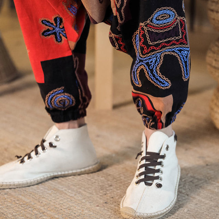 Buddha Stones Grid Flower Print Cotton Men's Harem Pants With Pockets - image 10