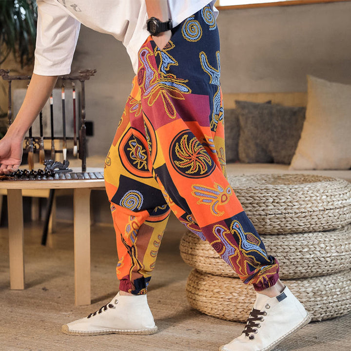 Buddha Stones Grid Flower Print Cotton Men's Harem Pants With Pockets - image 14