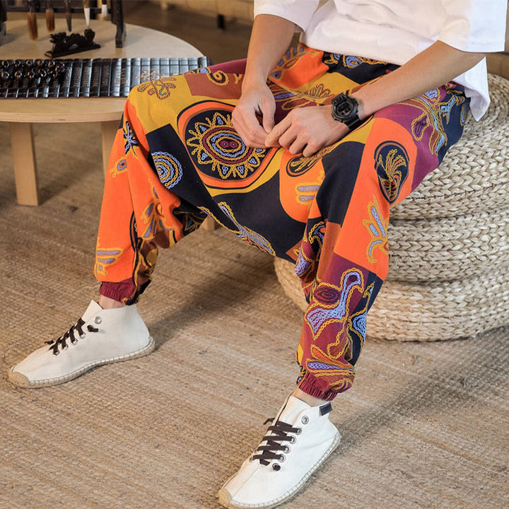 Buddha Stones Grid Flower Print Cotton Men's Harem Pants With Pockets - image 18