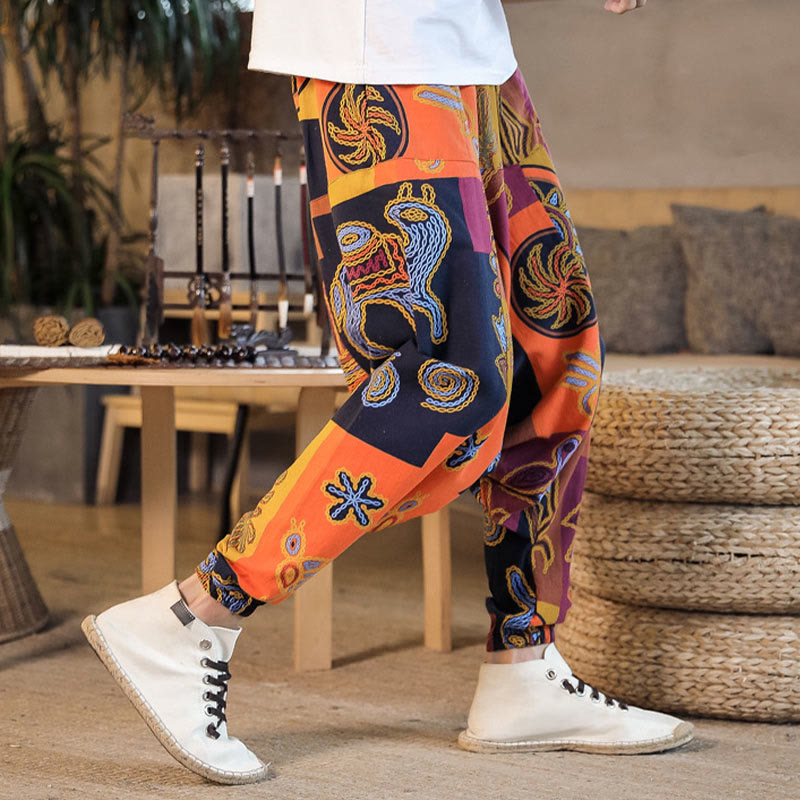 Buddha Stones Grid Flower Print Cotton Men's Harem Pants With Pockets - image 17