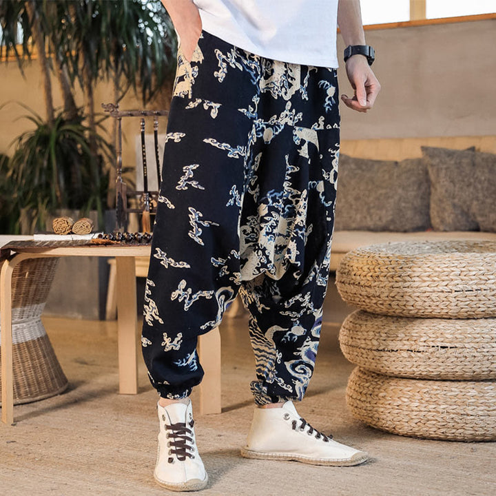 Buddha Stones Chinese Dragon Pattern Cotton Men's Harem Pants With Pockets - image 3