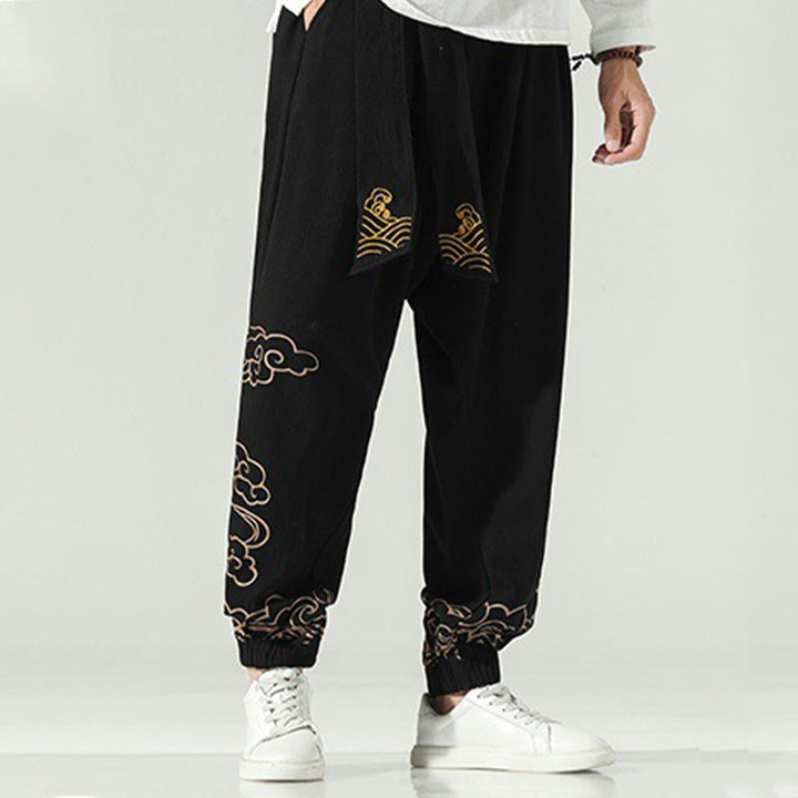 Buddha Stones Auspicious Clouds Cotton Linen Men's Drawstring Harem Pants With Pockets - image 5