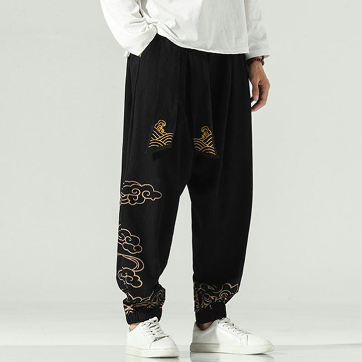 Buddha Stones Auspicious Clouds Cotton Linen Men's Drawstring Harem Pants With Pockets - image 1