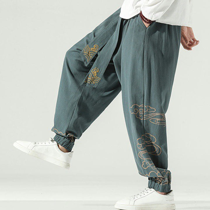 Buddha Stones Auspicious Clouds Cotton Linen Men's Drawstring Harem Pants With Pockets - image 25