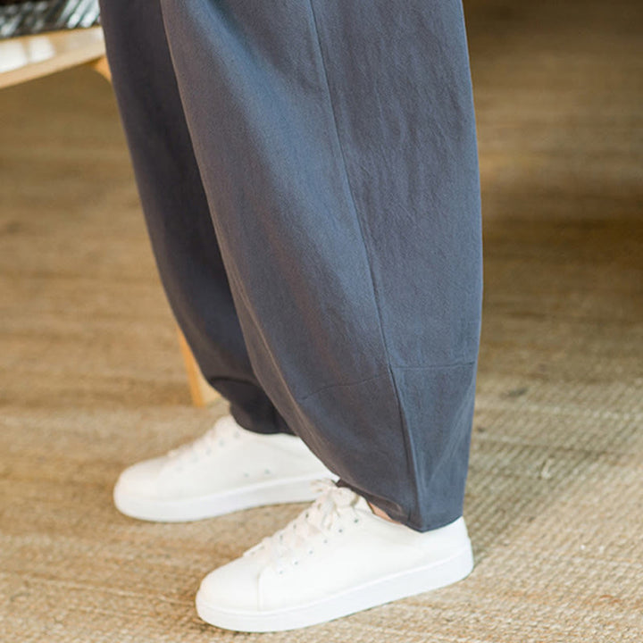 Buddha Stones Solid Color Cotton Linen Drawstring Men's Harem Pants With Pockets - image 40