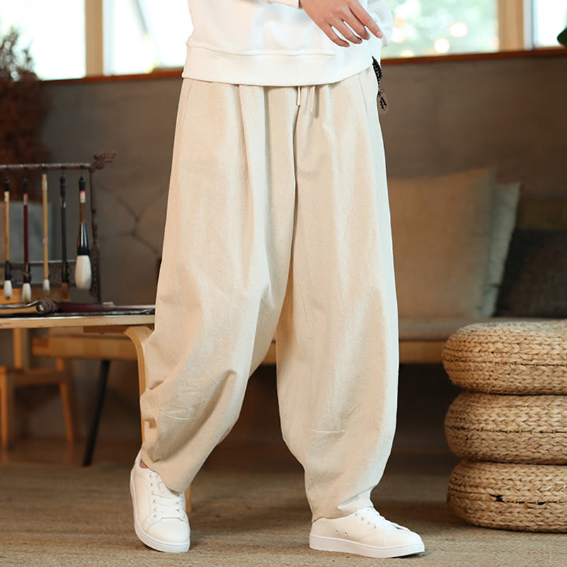 Buddha Stones Solid Color Cotton Linen Drawstring Men's Harem Pants With Pockets - image 28