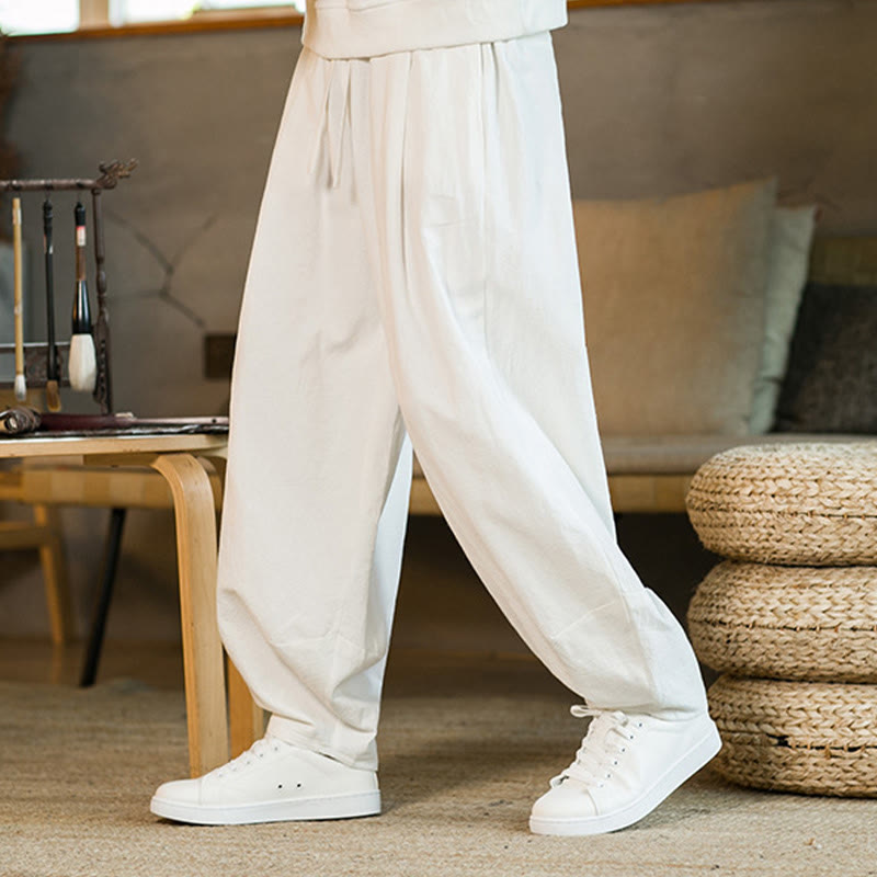 Buddha Stones Solid Color Cotton Linen Drawstring Men's Harem Pants With Pockets - image 21