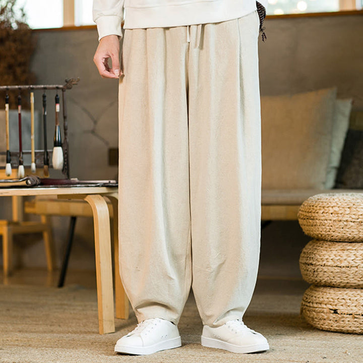 Buddha Stones Solid Color Cotton Linen Drawstring Men's Harem Pants With Pockets - image 25