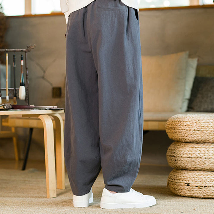 Buddha Stones Solid Color Cotton Linen Drawstring Men's Harem Pants With Pockets - image 36