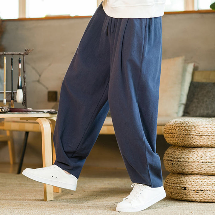 Buddha Stones Solid Color Cotton Linen Drawstring Men's Harem Pants With Pockets - image 2