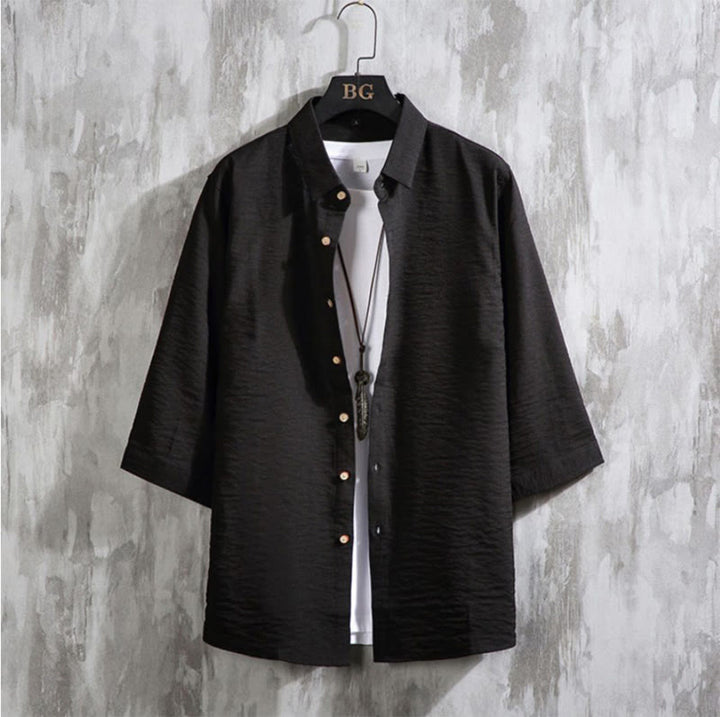 Buddha Stones Casual Solid Color Front Button Three Quarter Sleeves Men's Shirt - Black - US/UK/AU50，EU60 (7XL) - image 12