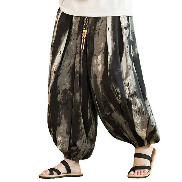 Buddha Stones Black White Ink Gradient Cotton Linen Braided Drawstring Men's Harem Pants With Pockets - image 7