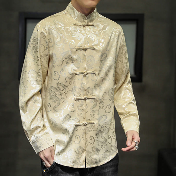Buddha Stones Casual Dragon Pattern Frog-button Tang Suit Linen Men's Jacket Shirt - image 44