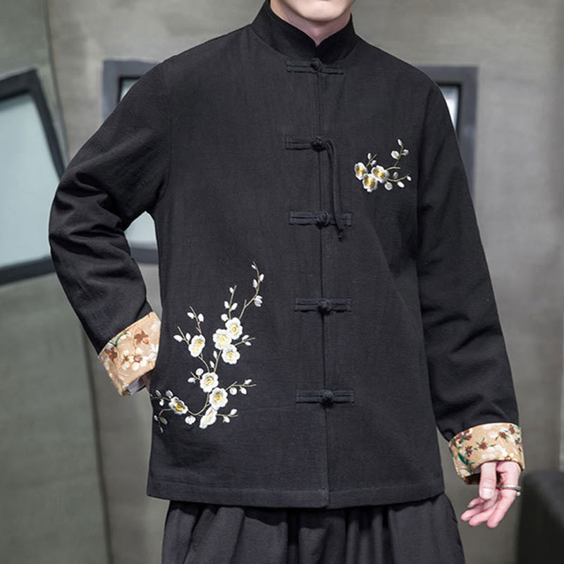 Buddha Stones Plum Blossom Embroidery Cuff Flower Design Frog-button Tang Suit Cotton Linen Men's Jacket Shirt - image 5
