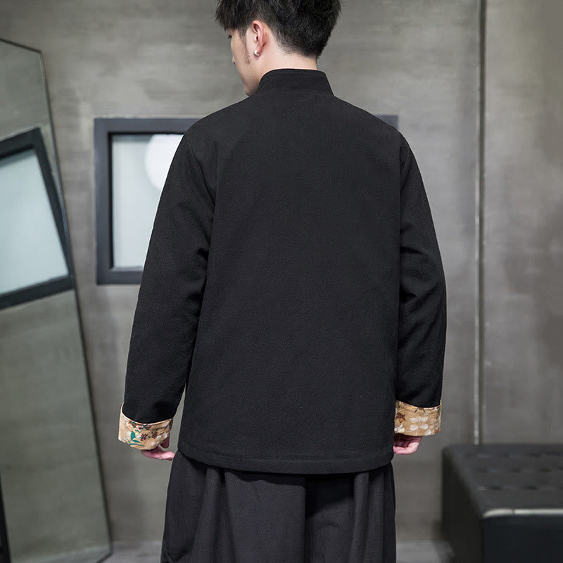 Buddha Stones Plum Blossom Embroidery Cuff Flower Design Frog-button Tang Suit Cotton Linen Men's Jacket Shirt - image 4