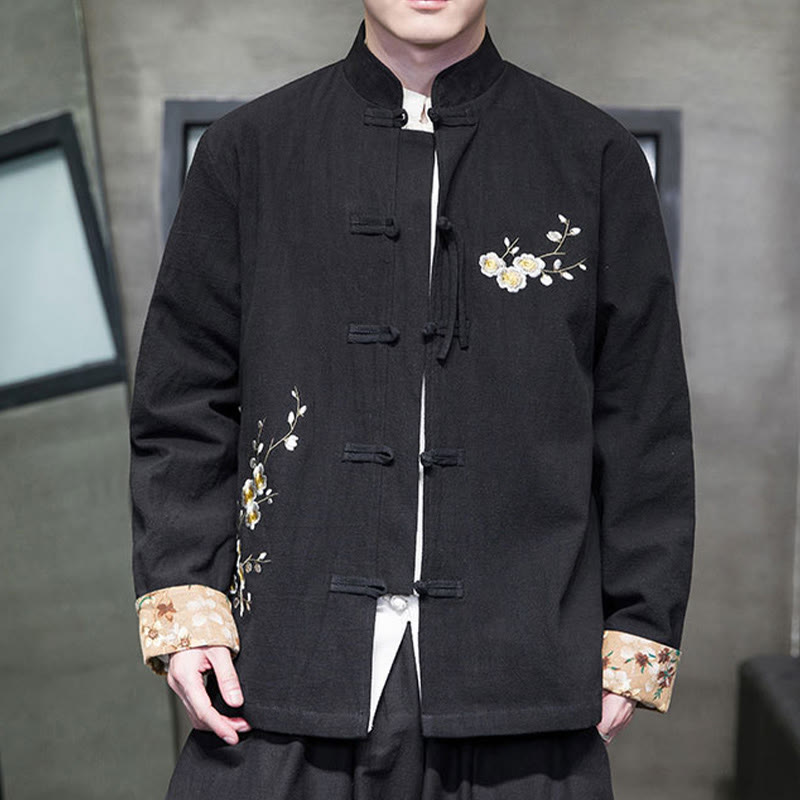 Buddha Stones Plum Blossom Embroidery Cuff Flower Design Frog-button Tang Suit Cotton Linen Men's Jacket Shirt - Black - US/UK/AU46，EU56 (5XL) - image 1