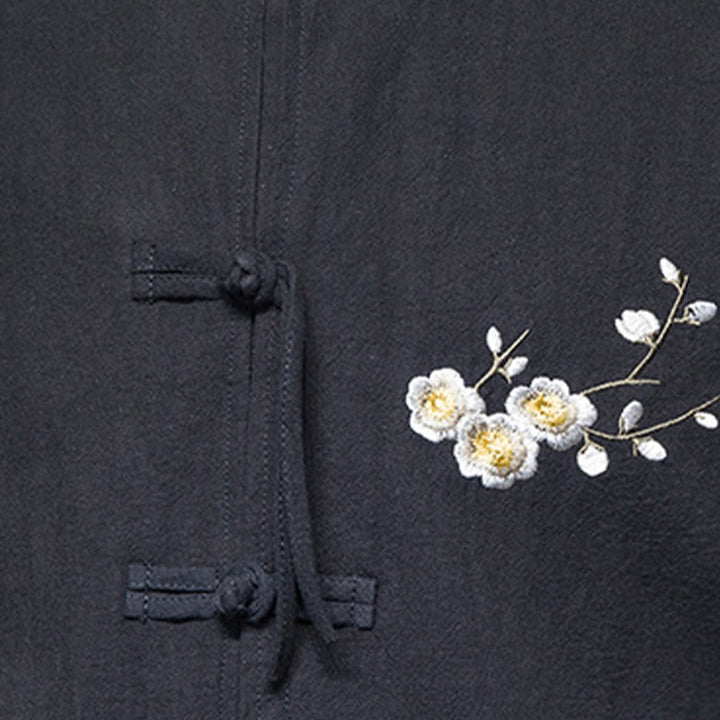 Buddha Stones Plum Blossom Embroidery Cuff Flower Design Frog-button Tang Suit Cotton Linen Men's Jacket Shirt - image 10