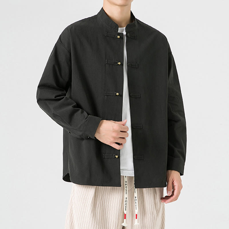 Buddha Stones Solid Color Frog-button Tang Suit Cotton Men's Jacket Shirt - image 2