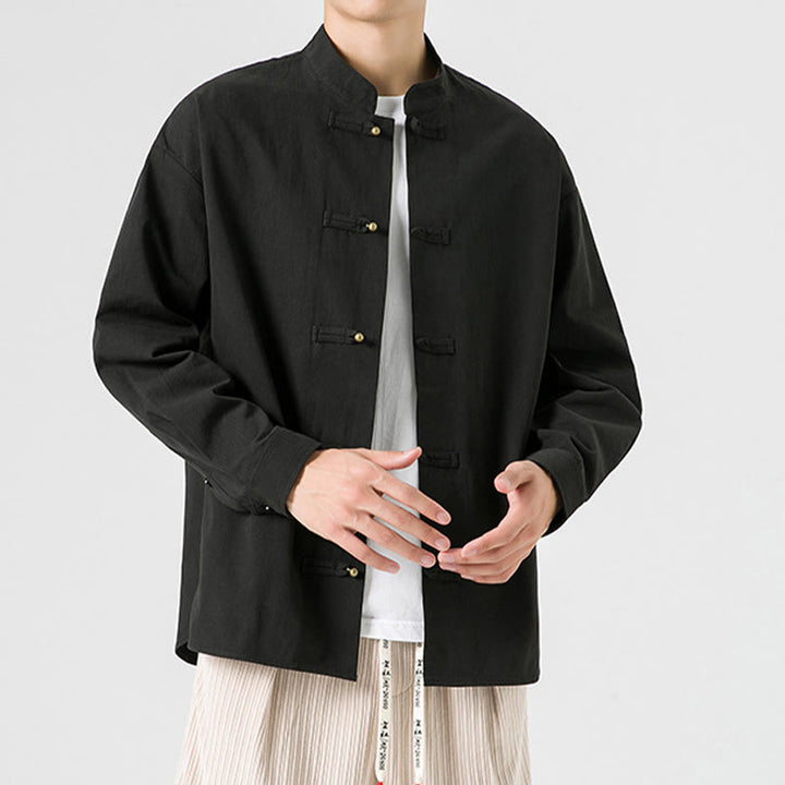 Buddha Stones Solid Color Frog-button Tang Suit Cotton Men's Jacket Shirt - image 5