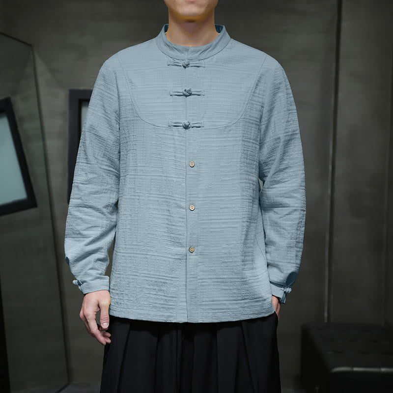 Buddha Stones Solid Color Half Frog-button Tang Suit Cotton Linen Men's Jacket Shirt - image 6
