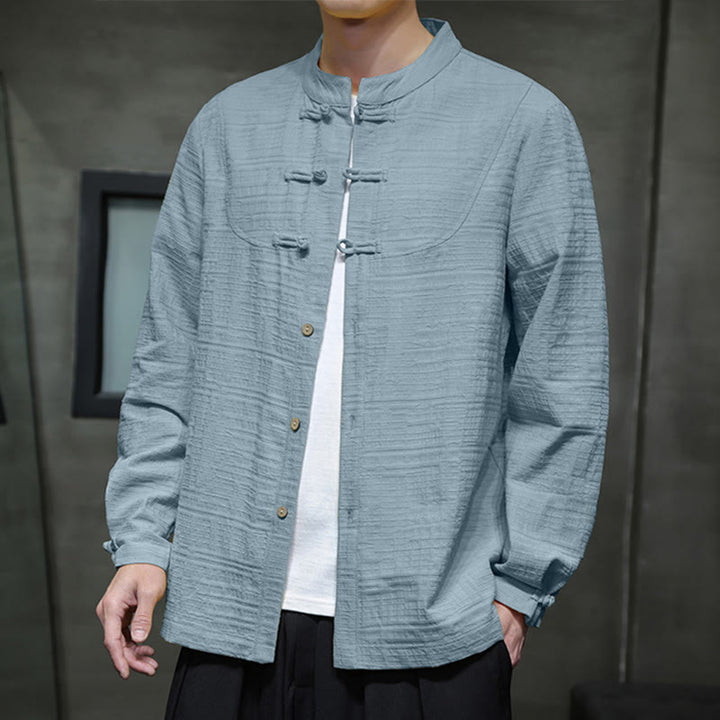 Buddha Stones Solid Color Half Frog-button Tang Suit Cotton Linen Men's Jacket Shirt - CadetBlue - US/UK/AU46，EU56 (5XL) - image 0