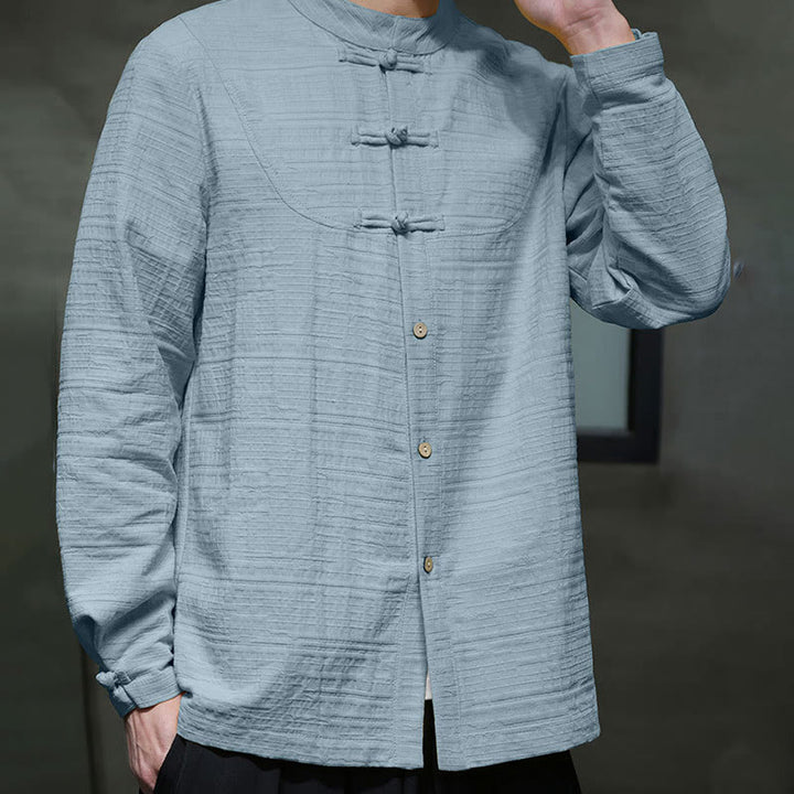 Buddha Stones Solid Color Half Frog-button Tang Suit Cotton Linen Men's Jacket Shirt - image 4