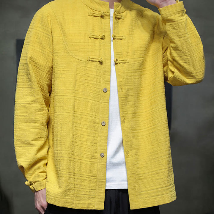 Buddha Stones Solid Color Half Frog-button Tang Suit Cotton Linen Men's Jacket Shirt - image 27
